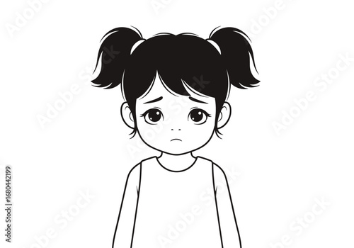 Sad little girl with pigtails looking worried in simple line art style