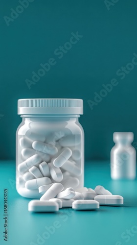 White Pills in Bottle on Teal Background