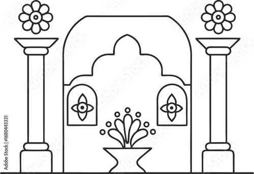 Illustration of a decorative alcove with columns and floral accents a simple line drawing of a niche with flowers and pillars