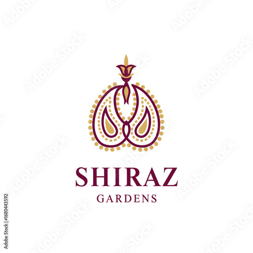 Elegant logo for Shiraz Gardens featuring a stylized, symmetrical paisley motif in maroon and gold, with a decorative floral top element.