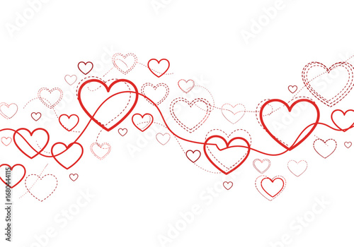 Dynamic red hearts flow across white background celebrating love and connection