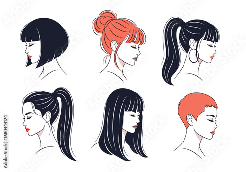 Diverse women's hairstyles showcased in stylish profile illustrations, perfect for beauty and fashion projects.