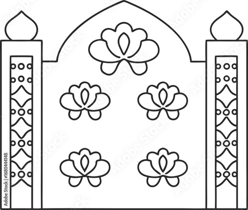 A stylized illustration of a mughalinspired archway with lotus flowers and decorative pillars, , creating a symmetrical design