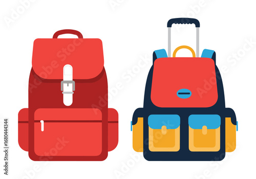 Dynamic duo of vibrant backpacks, one classic, one rolling, ready for adventure