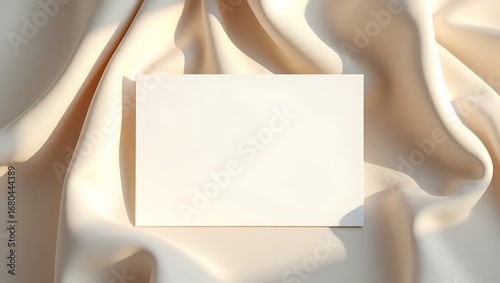 Minimalist white paper card mockup resting on a luxurious, flowing beige silk fabric for branding or wedding invitation display