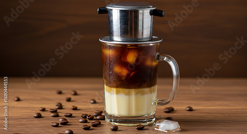 A glass of Vietnamese iced coffee dripping slowly through a traditional phin filter, layered with condensed milk at the bottom, served over ice cubes. Wooden background with roasted coffee beans scatt