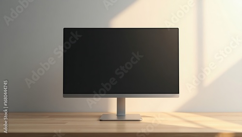 Modern computer monitor with a blank screen on a wooden desk in a minimalist sunlit office workspace for mockup or presentation