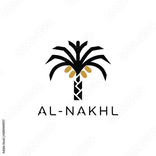 A minimalist black and white logo featuring a stylized palm tree with dates, representing a business.