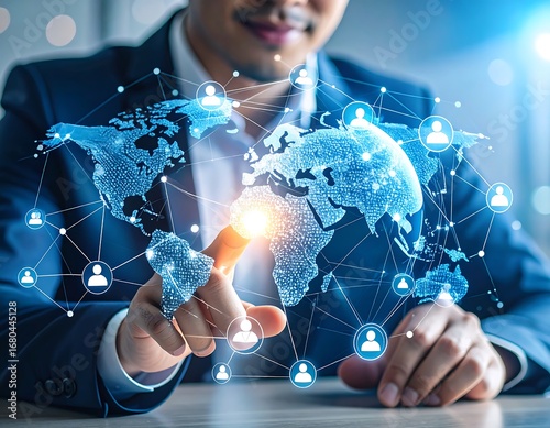 Businessman interacts with global network graphic