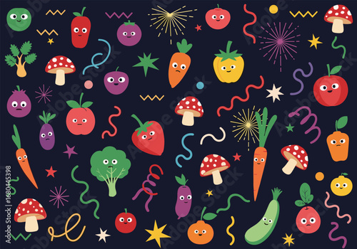 Vibrant cartoon vegetables and mushrooms party with confetti and fireworks, playful fun