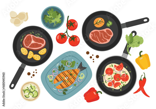 Delicious grilled fish, steak, and fresh vegetables prepared for a healthy meal