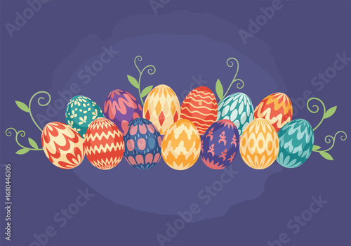 Vibrant collection of beautifully decorated Easter eggs with whimsical green vines against a deep purple background