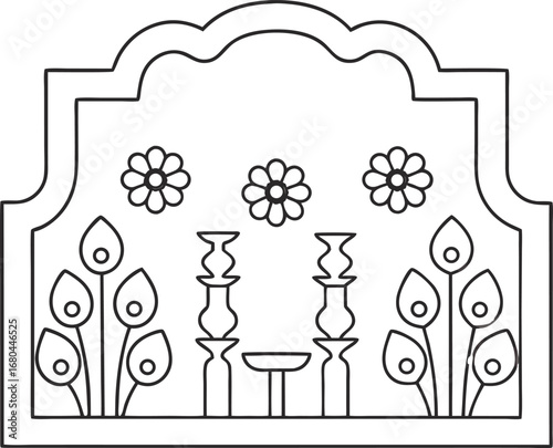 Charming vintage shrine illustration, featuring delicate flower and candle motifs in a simple, elegant line art style for coloring pages