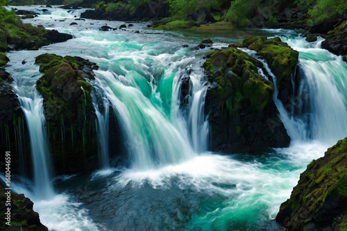Powerful Turquoise Waterfall Cascading Over Mossy Rocks in a Lush Forest nature river