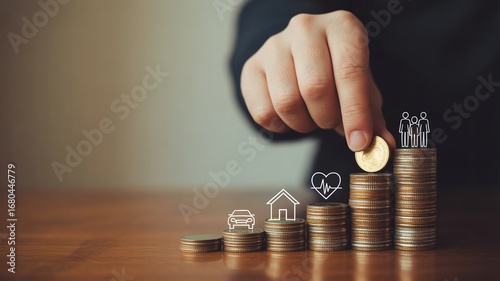 Hand adding coin to stack with insurance icons symbolizing security