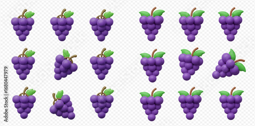 A collection of vibrant purple grape clusters with green leaves, rendered in a stylized 3D design on a transparent background.