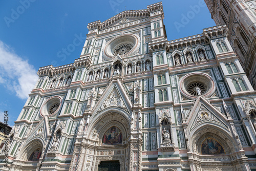 Florence, Italy - August 21, 2019: Facade of the Cathedral of Saint Mary of the Flower in Florence in Italy