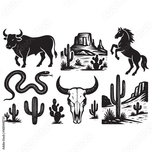 Linocut western boho set vector silhouette