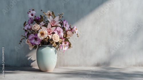 Bouquet Mockup With Assorted Pastel Roses And Lilies Arranged In A Stylish Minimal Ceramic Vase, Placed On A Smooth Concrete Surface With Cinematic Shadows, Ultra Sharp Q4 Clarity 