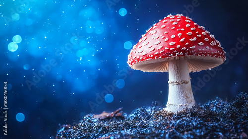 Wallpaper Mural A vibrant red mushroom stands out against a dreamy blue background, surrounded by subtle shimmering particles, creating a magical atmosphere. Torontodigital.ca