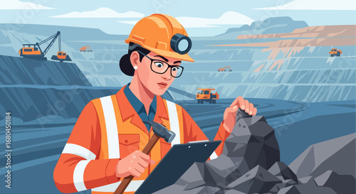 Female Geologist or Mining Engineer Inspecting Rock Sample at Open-Pit Mine Site with Heavy Machinery