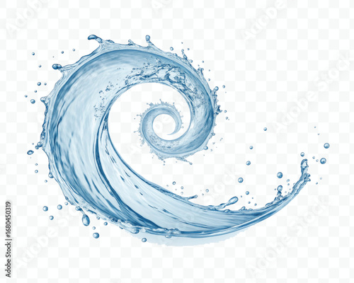 smooth liquid twisted into a spiral made by water splash  in different style isolated on white background