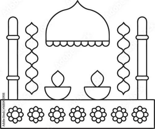 Detailed line art illustration of a traditional indian altar with diya lamps and floral patterns, , ideal for cultural themes