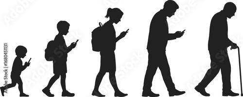 Evolution of Man Using Smartphone Silhouette, Mobile Technology Progress, Digital Age Life Stages, Phone Addiction, Modern Communication Vector