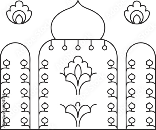 Detailed mughal palace illustration, featuring intricate patterns and architectural details, ideal for coloring pages and creative designs