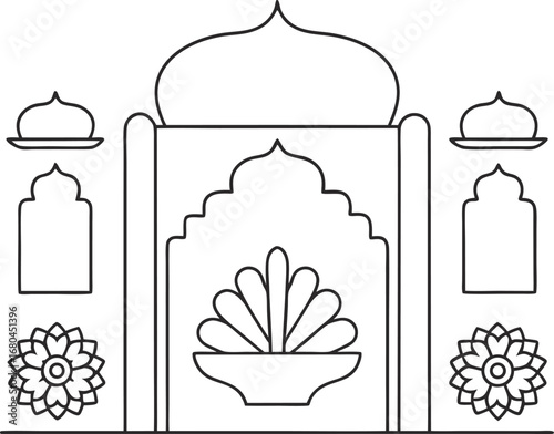 Elaborate mughal garden scene illustration, showcasing a central pavilion, floral motifs, and serene architectural elements