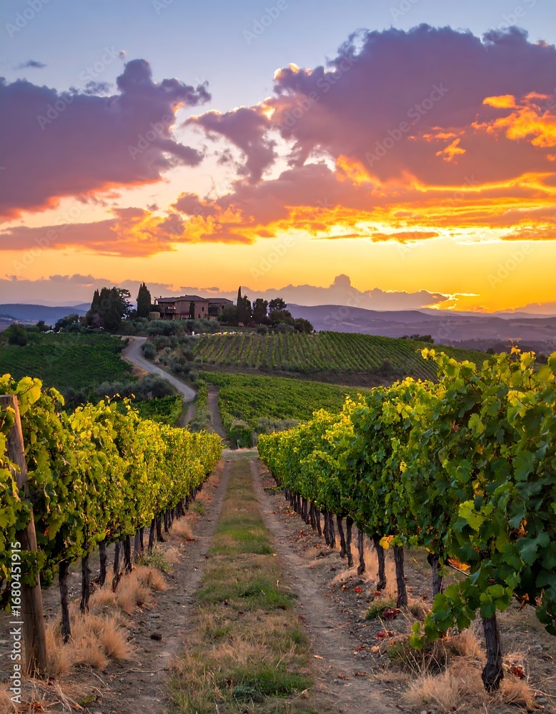 Fototapeta premium A scenic vineyard pathway leads through lush green rows of vines under a vibrant sunset sky.