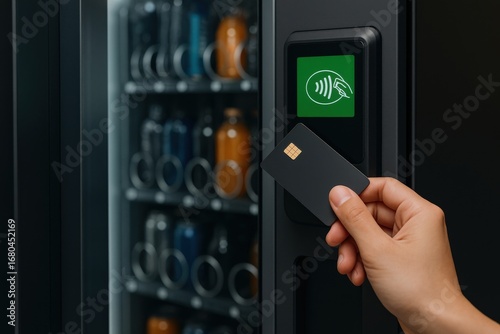 touchless invention concept. A hand using a card near a vending machine display.