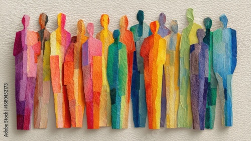 A collection of brightly colored paper cutouts depicting diverse human figures, representing unity and diversity, set against a soft light backdrop. The figures showcase various colors and shapes