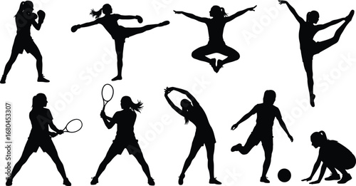 Female Sports Silhouettes Featuring Boxing, Tennis, Soccer, Yoga, and Dance Poses in Dynamic Motion for Fitness and Training