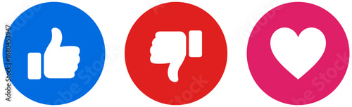 Like and love icon button. Thumbs up and thumb down icons , heart flat icon in circle buttons shapes , Social media notification icons. emoji post reactions set. Vector illustration