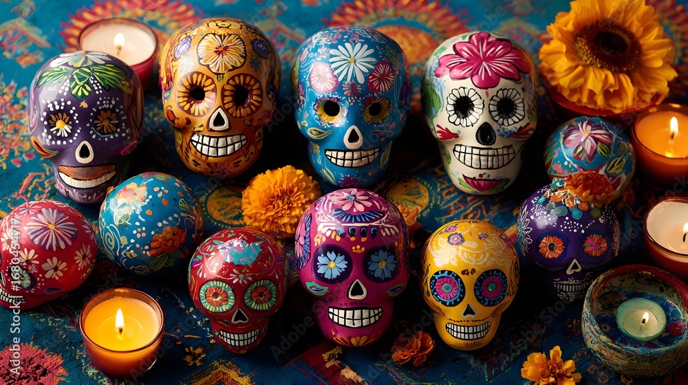 Fototapeta premium Day of the dead sugar skulls colorful mexican tradition dia de muertos celebration candles and flowers art