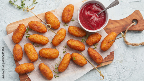 Foto Beetroot croquettes with BBQ tomato sauce