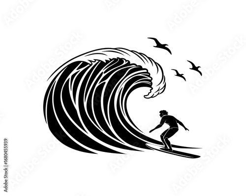 Silhouette of a lone surfer riding a massive curling wave with seagulls flying overhead in a stylized illustration