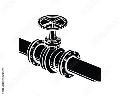 Industrial pipeline with a flanged valve and handwheel for controlling fluid flow