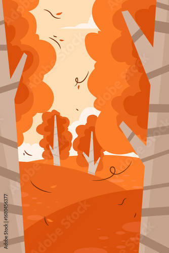 Flat vector illustration of a windy autumn forest with orange foliage, birch trunks, and falling leaves in a warm minimal palette.