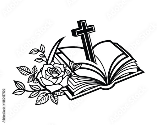 Christian faith symbolism open bible with rose and cross representing scripture and eternal life