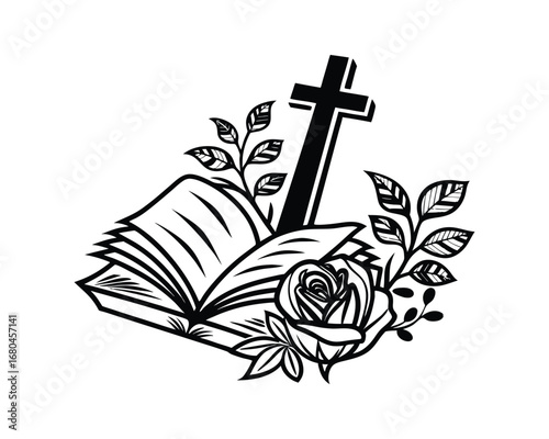 Christian faith symbolism open bible with rose and cross representing scripture and eternal life