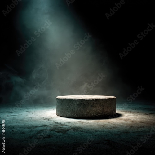 Dark, moody studio shot.  Circular, gray concrete pedestal, lit by spotlight, on dark surface, with smoky atmosphere