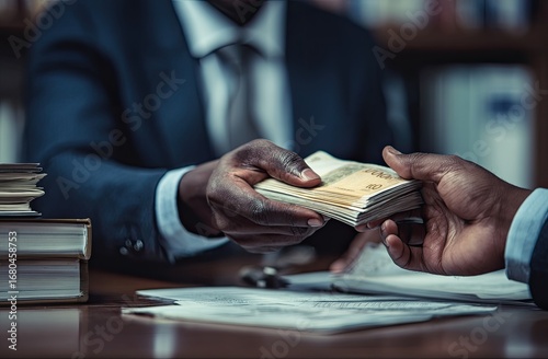 Two men in business suits exchange stacks of money at a desk