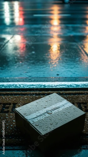 Box beside welcome mat in rainy street with reflections of lights  
