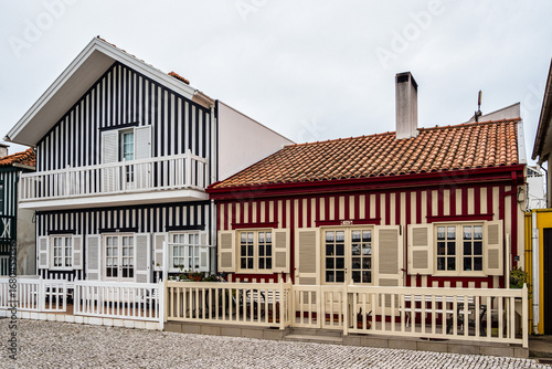 Street with colorful houses. Street with striped houses, Costa Nova, Aveiro, Portugal