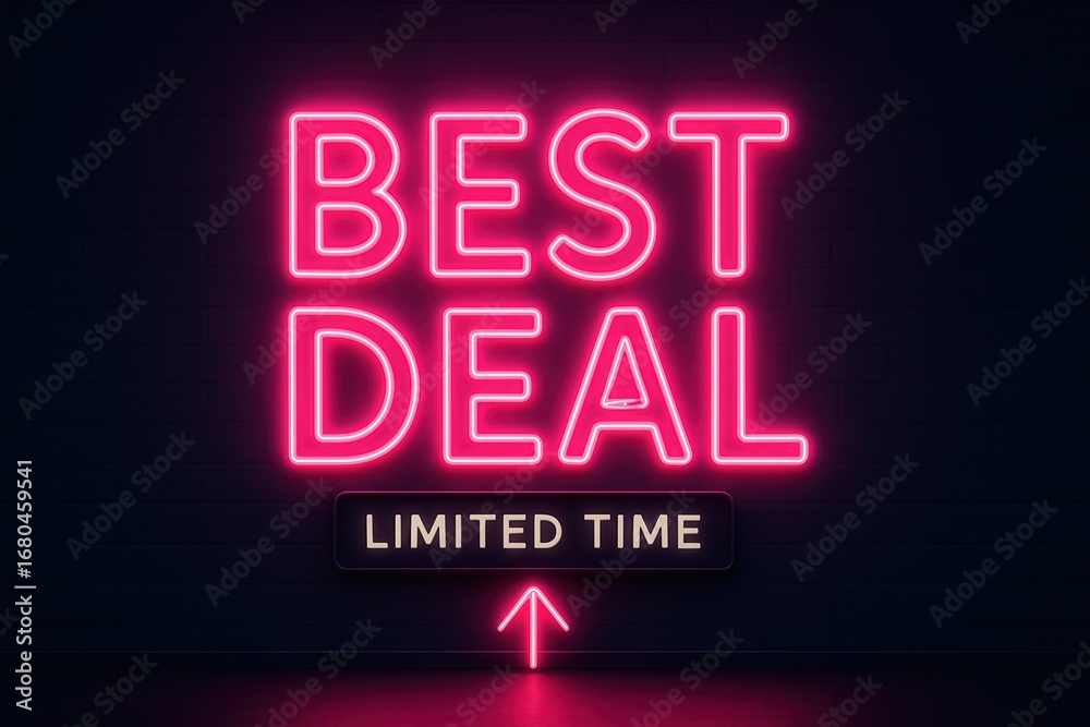 Fototapeta premium Bright neon banner with BEST DEAL and LIMITED TIME promotional offer, eye-catching style for retail discount campaign.
