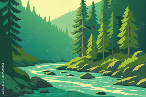 Evergreen trees line a vibrant river flowing through a lush mountainous landscape scene