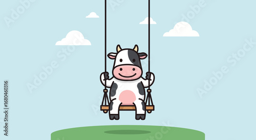 Happy Cow on Rope Swing Cartoon Character Illustration