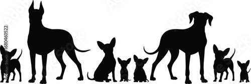 Great Dane and Chihuahua Silhouette Vector – Dog Breed Size Comparison Clipart for Educational, Graphic Design, and Pet Art Use